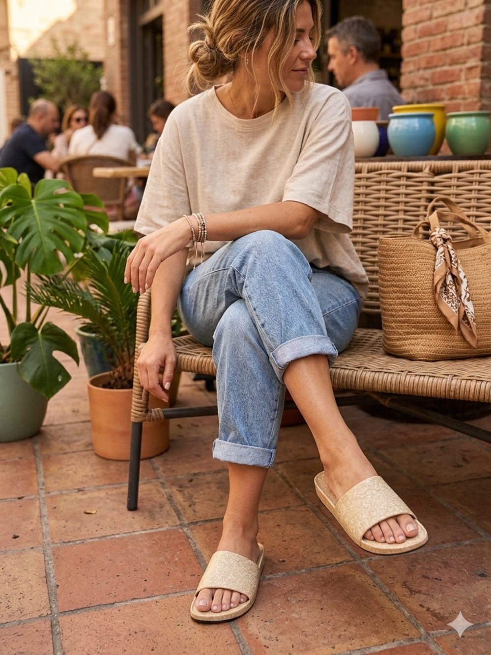 Womens Neutral Slide Sandals - Tan